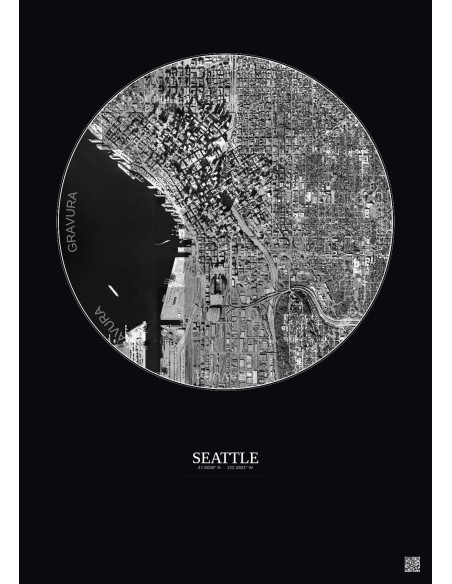Seattle Satellite View Poster 2.5km B&W | Gravura – Dark background