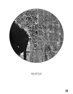 Affiche Seattle – Poster vue satellite 2.5km N&B | Gravura – Fond clair