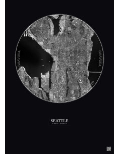 Affiche Seattle – Poster vue satellite 5km N&B | Gravura – Fond foncé