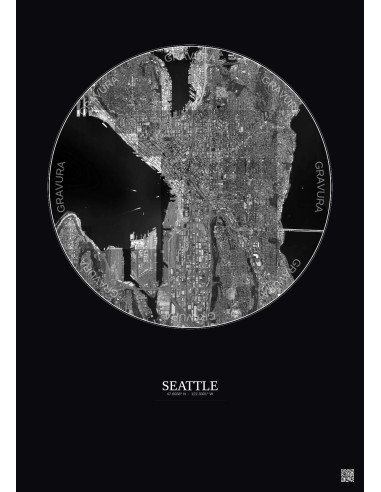 Affiche Seattle – Poster vue satellite 5km N&B | Gravura – Fond foncé