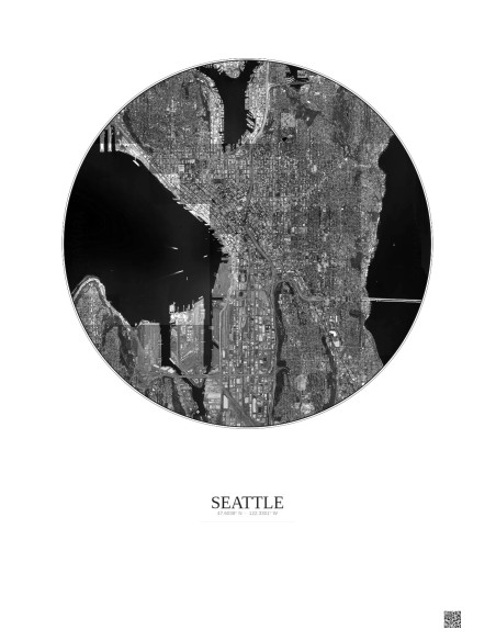 Affiche Seattle – Poster vue satellite 5km N&B | Gravura – Fond clair