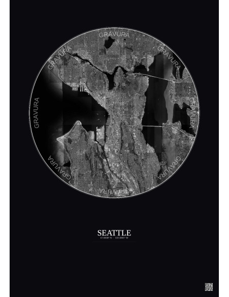 Affiche Seattle – Poster vue satellite 10km N&B | Gravura – Fond foncé