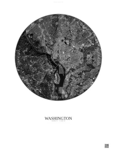 Affiche Washington – Poster vue satellite 10km N&B | Gravura – Fond clair