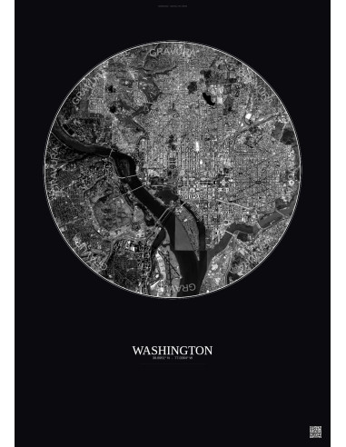 Affiche Washington – Poster vue satellite 6km N&B | Gravura – Fond foncé