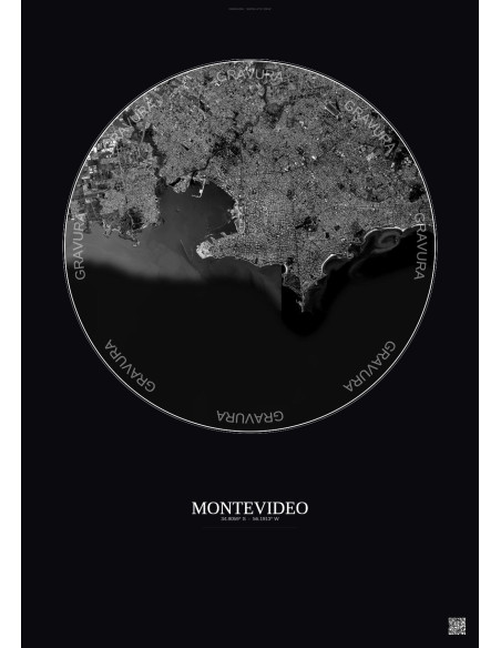 Affiche Montevideo – Poster vue satellite 10km N&B | Gravura – Fond foncé