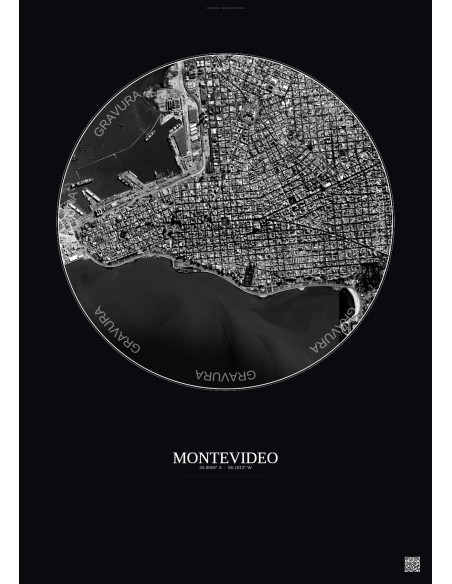Affiche Montevideo – Poster vue satellite 2.5km N&B | Gravura – Fond foncé