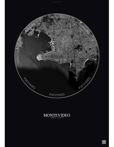 Affiche Montevideo – Poster vue satellite 6km N&B | Gravura – Fond foncé