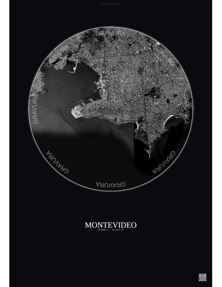 Affiche Montevideo – Poster vue satellite 6km N&B | Gravura – Fond foncé