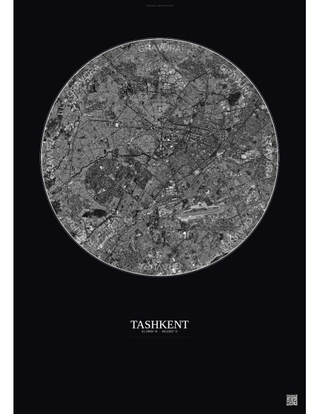 Affiche Tashkent – Poster vue satellite 10km N&B | Gravura – Fond foncé