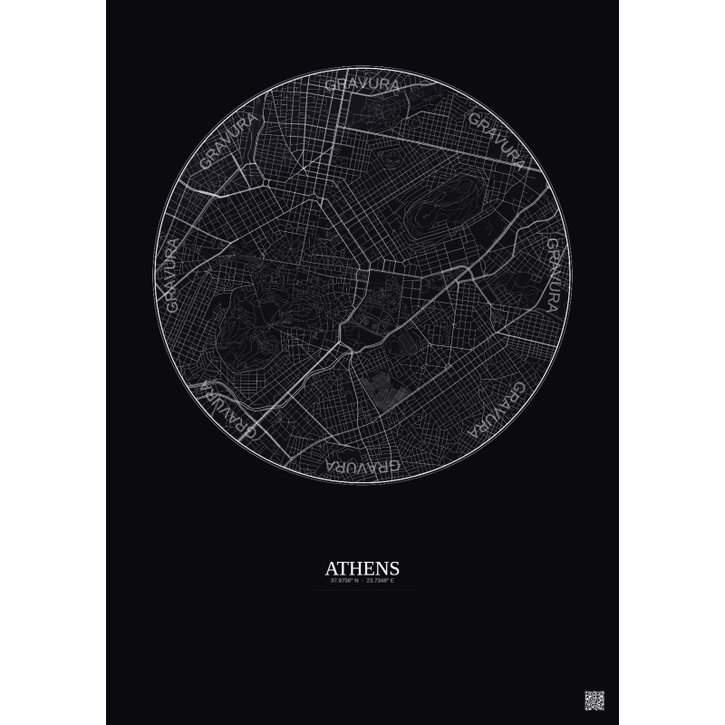 Affiche Athens – Poster carte de ville 2.5km | Gravura – Fond foncé