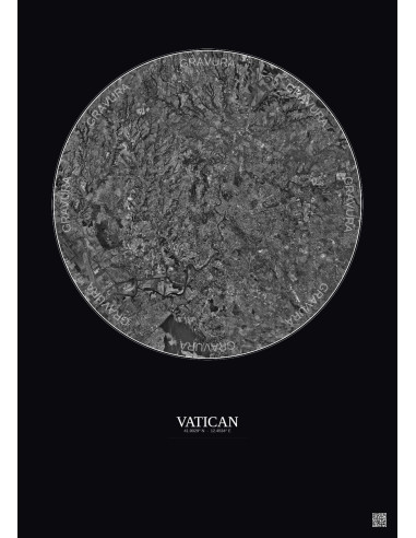 Affiche Vatican – Poster vue satellite 20km N&B | Gravura – Fond foncé