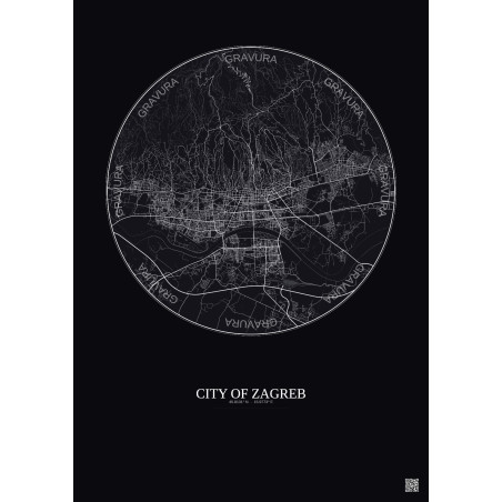 Affiche City Of Zagreb – Poster carte de ville 10km | Gravura – Fond foncé