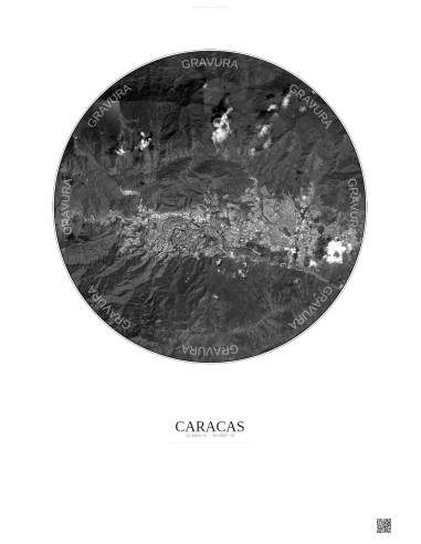 Affiche Caracas – Poster vue satellite 10km N&B | Gravura – Fond clair
