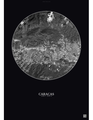 Affiche Caracas – Poster vue satellite 6km N&B | Gravura – Fond foncé