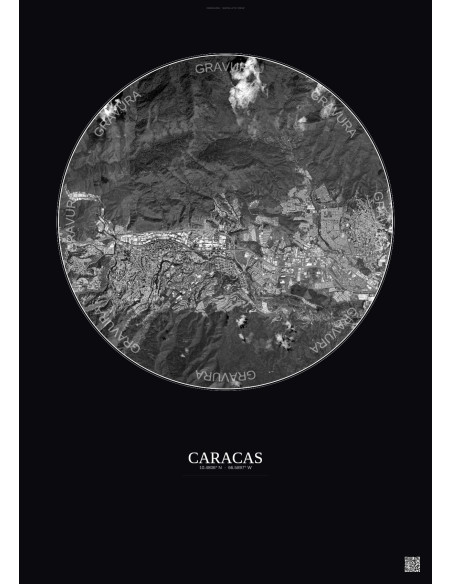 Affiche Caracas – Poster vue satellite 6km N&B | Gravura – Fond foncé