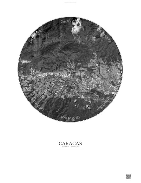 Affiche Caracas – Poster vue satellite 6km N&B | Gravura – Fond clair