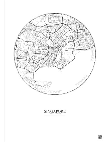 Affiche Singapore – Poster carte de ville 6km | Gravura – Fond clair