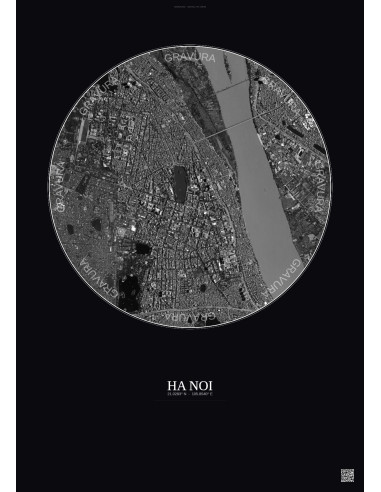 Affiche Ha Noi – Poster vue satellite 2.5km N&B | Gravura – Fond foncé