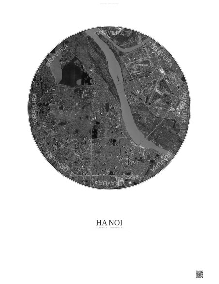 Affiche Ha Noi – Poster vue satellite 6km N&B | Gravura – Fond clair