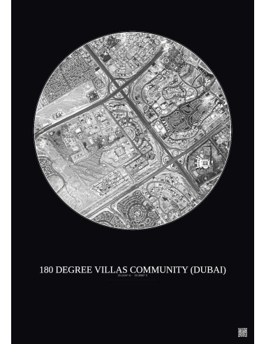 Affiche 180 Degree Villas Community – Poster vue satellite 2.5km N&B | Gravura – Fond foncé