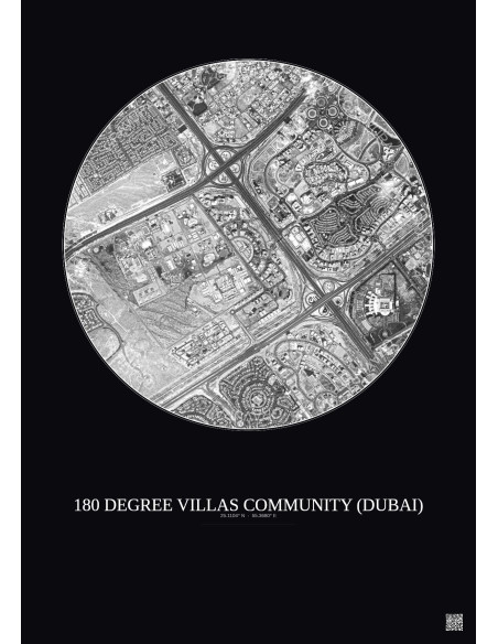 Affiche 180 Degree Villas Community – Poster vue satellite 2.5km N&B | Gravura – Fond foncé