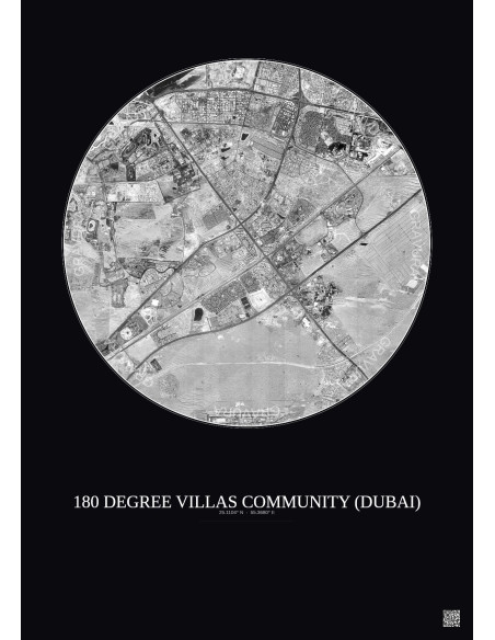 Affiche 180 Degree Villas Community – Poster vue satellite 10km N&B | Gravura – Fond foncé