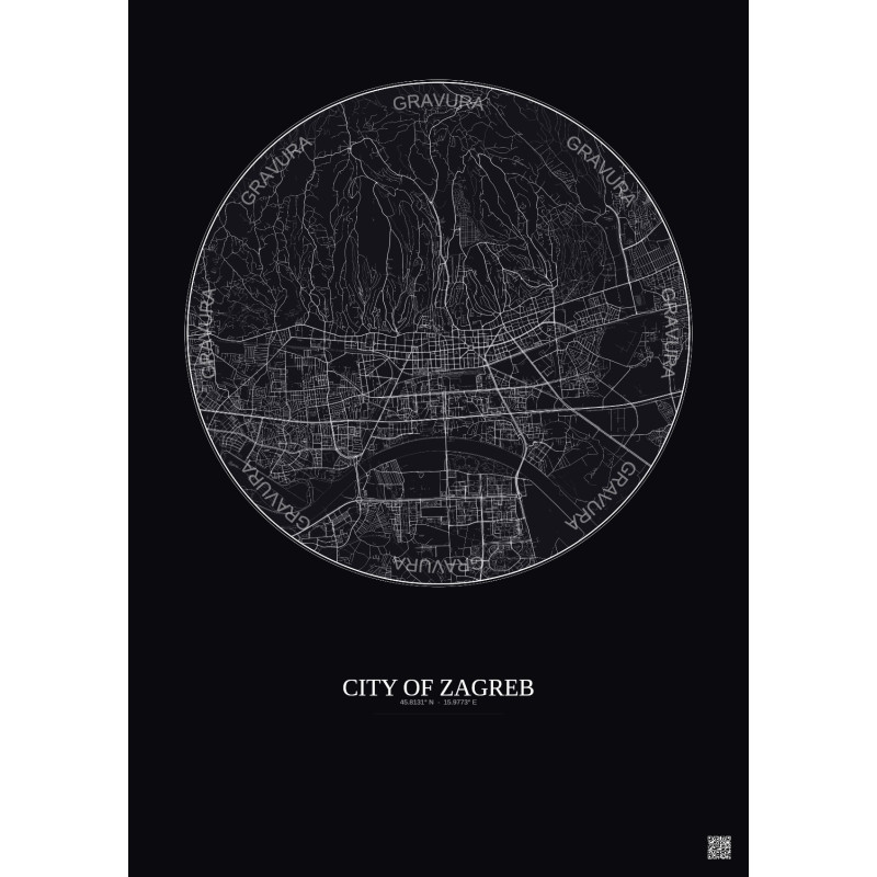 Affiche City Of Zagreb – Poster carte de ville 6km | Gravura – Fond foncé