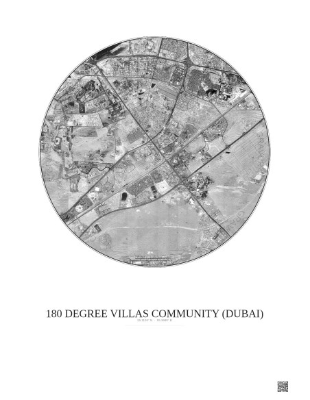 Affiche 180 Degree Villas Community – Poster vue satellite 10km N&B | Gravura – Fond clair