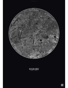 Affiche Harare – Poster vue satellite 10km N&B | Gravura – Fond foncé