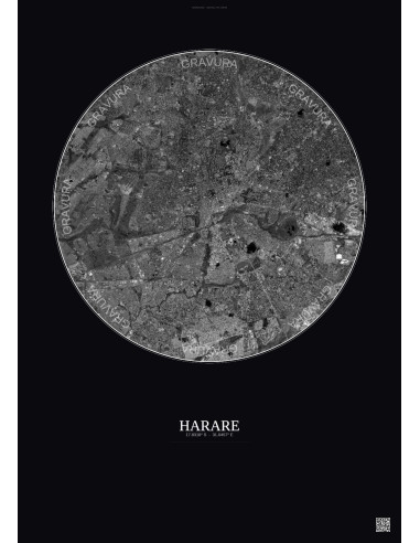 Affiche Harare – Poster vue satellite 10km N&B | Gravura – Fond foncé