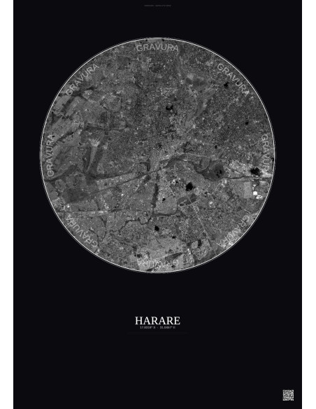 Affiche Harare – Poster vue satellite 10km N&B | Gravura – Fond foncé