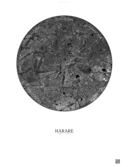 Affiche Harare – Poster vue satellite 10km N&B | Gravura – Fond clair