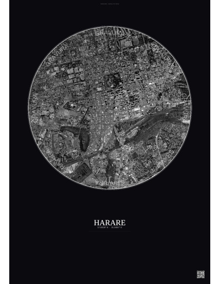 Affiche Harare – Poster vue satellite 2.5km N&B | Gravura – Fond foncé