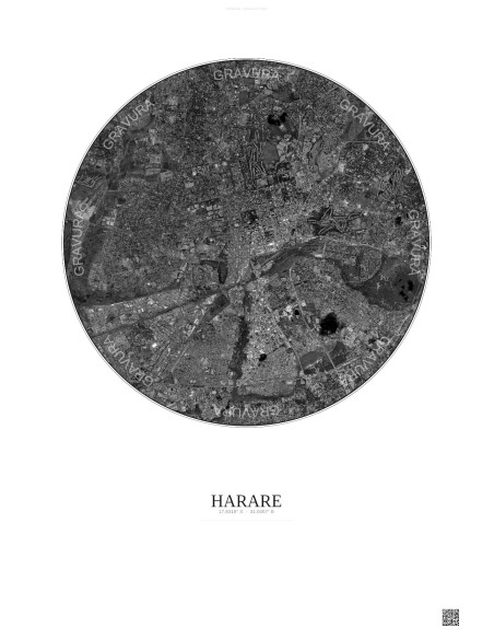 Harare Satellite View Poster 6km B&W | Gravura – Light background
