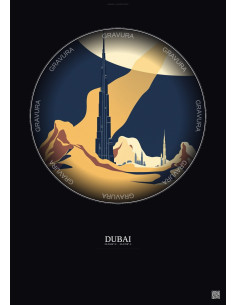 Affiche Dubai – Poster illustration vintage – Burj Khalifa | Gravura – Fond foncé