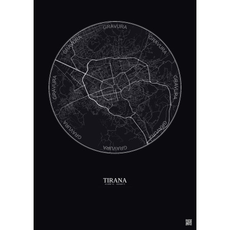 Affiche Tirana – Poster carte de ville 6km | Gravura – Fond foncé