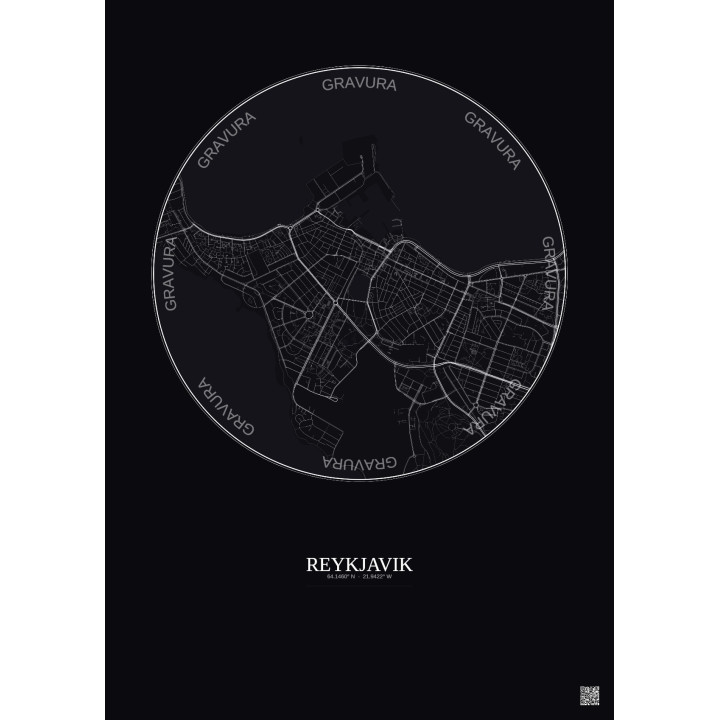 Affiche Reykjavik – Poster carte de ville 2.5km | Gravura – Fond foncé