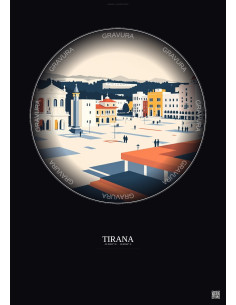 Affiche Tirana – Poster illustration vintage – Skanderbeg Square | Gravura – Fond foncé