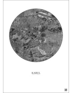 Affiche Kabul – Poster vue satellite 6km N&B | Gravura – Fond clair 2