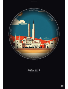Affiche Baku City – Poster illustration vintage – Famous Viewpoint Of Baku City | Gravura – Fond foncé