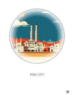 Affiche Baku City – Poster illustration vintage – Famous Viewpoint Of Baku City | Gravura – Fond clair