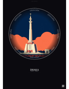 Affiche Dhaka – Poster illustration vintage – Shaheed Minar | Gravura – Fond foncé