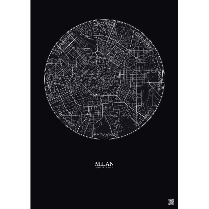 Affiche Milan – Poster carte de ville 5km | Gravura – Fond foncé