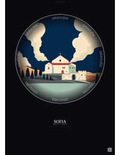 Affiche Sofia – Poster illustration vintage – Boyana Church | Gravura – Fond foncé