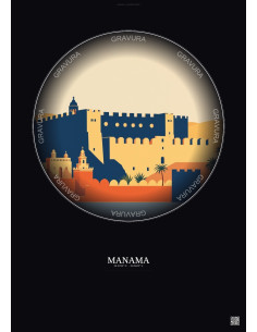 Affiche Manama – Poster illustration vintage – Qalat Al Bahrain | Gravura – Fond foncé