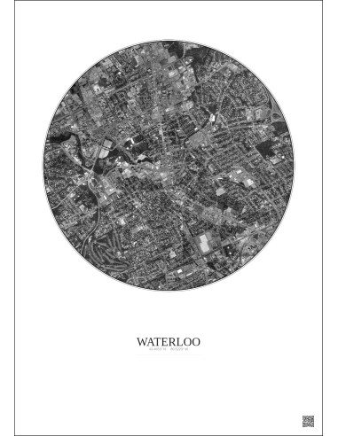 Affiche Waterloo – Poster vue satellite 2.5km N&B | Gravura – Fond clair
