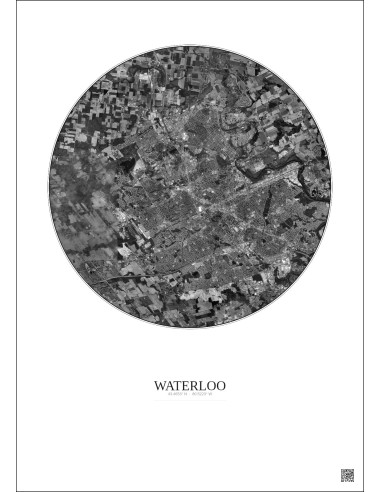 Affiche Waterloo – Poster vue satellite 10km N&B | Gravura – Fond clair