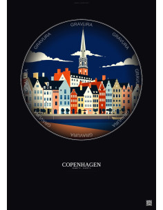Affiche Copenhagen – Poster illustration vintage – Historic Old Town Of Copenhagen | Gravura – Fond foncé