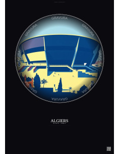 Algiers Vintage Travel Poster – Stade 5 Juillet 1962 | Gravura – Dark background