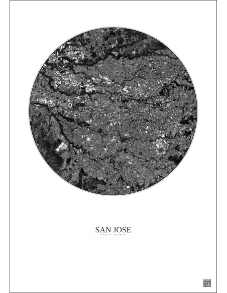 San Jose Satellite View Poster 6km B&W | Gravura – Light background